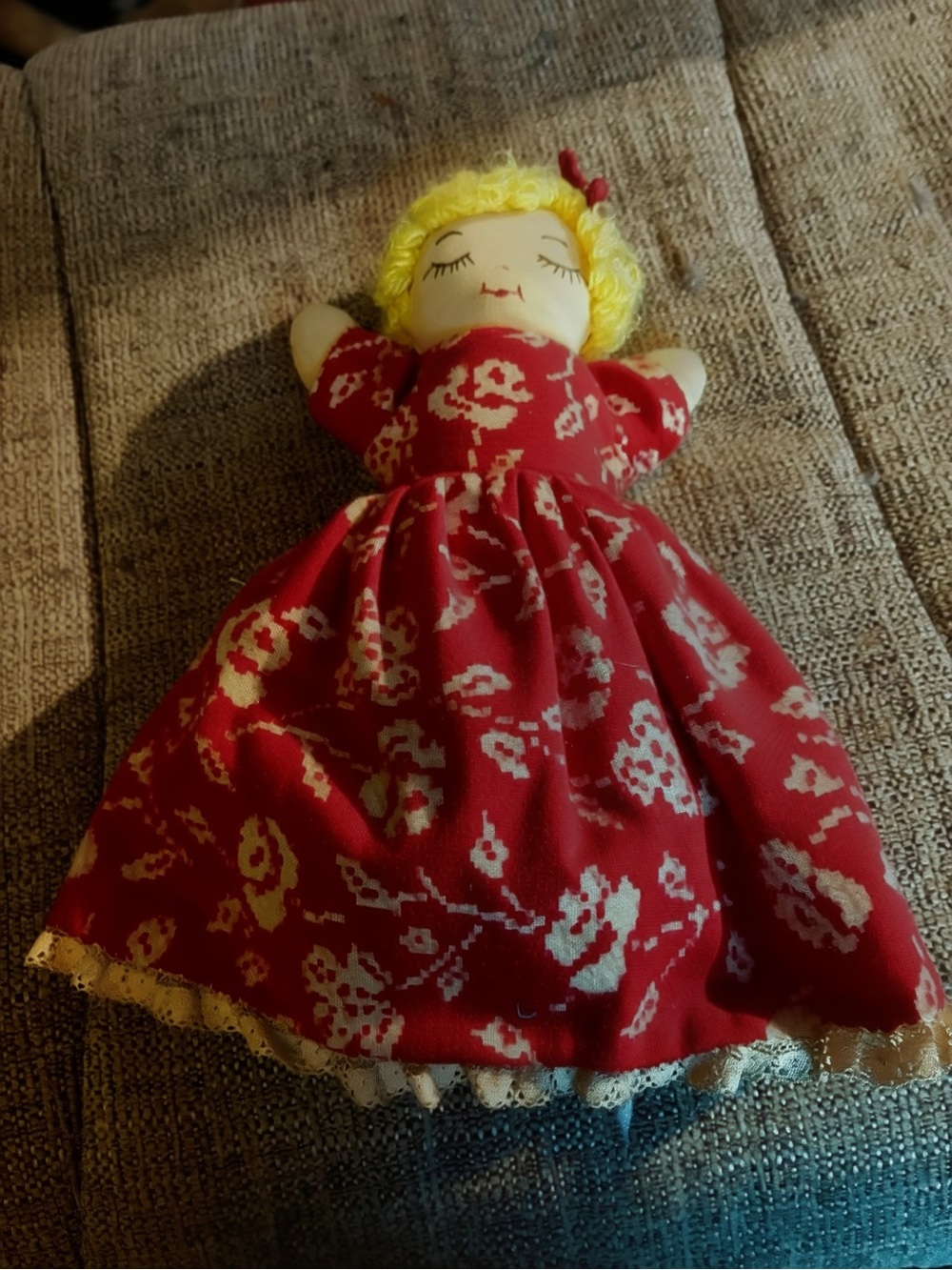 Handmade Red Floral Cloth Doll with Yellow Hair
